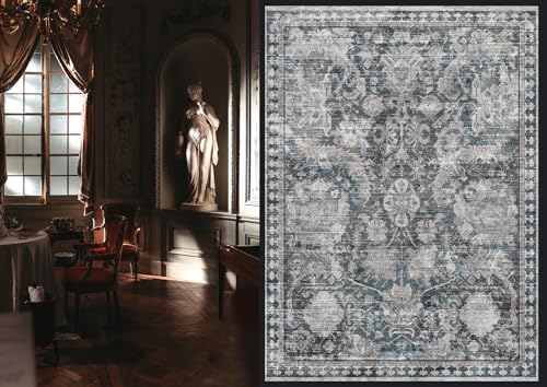 RUGSURE Washable Area Rugs - Perfect for Living Room, Bedroom, Kids Room, Nursery - Stain & Water Resistant Non-Slip, Pet & Child Friendly, Vintage Tribal Area Rugs (Grey and Bule, 9' x 12') - Image 2