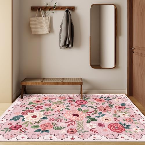 DUKINO 3x5 Area Rug, Floral Washable Rug for Bedroom Non Slip, Pink - Image 4