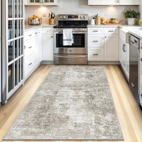 4x8 Washable Area Rug – Non-Slip Rubber Backed Indoor Rug for Entryway, Kitchen, Hallway | Modern Abstract Neutral Low Pile Thin Floor Mat for Bedroom, Living Room, Office (Beige/Grey) - Image 4