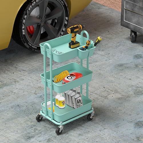 Simple Houseware 3-Tier Rolling Utility Cart with Hanging Bucket, Turquoise - Image 6