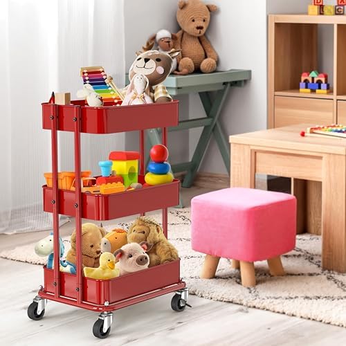 Simple Houseware 3-Tier Utility Cart, Low 24" Height Fits Under Desk, Red - Image 5