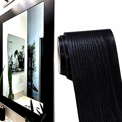 DESOMINOR 32FT Black Border Peel &Stick Black Wood Grain Wallpaper Border Removable Waterproof Bathroom Mirror Frame Sticker (Black, 3.93Inch X 32.8Ft) by DESOMINOR