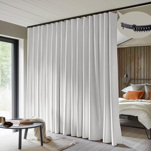 MaKefeile Room Divider Curtains with Flexible Ceiling Curtain Tracks Set,100% Blackout Floor to Ceiling Curtains Patio Sliding Door Curtains (White Drape & Black Rail W 12.5 × H 8 FT) by Makefeileshade