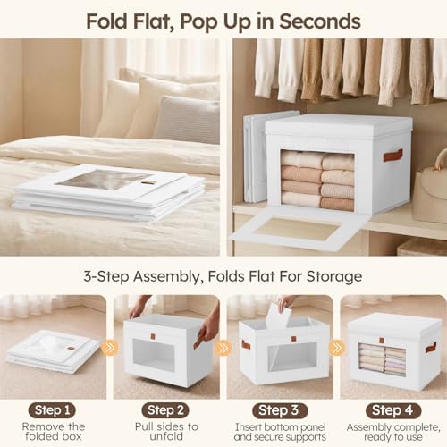 Homsorout Storage Bins with Lids - Front Opening Storage Box with Clear Window & Handles, Stackable Foldable Fabric Bins for Closet Organization, Clothes, Sweaters, Towels, Blankets, 3 Pack, White - Image 4