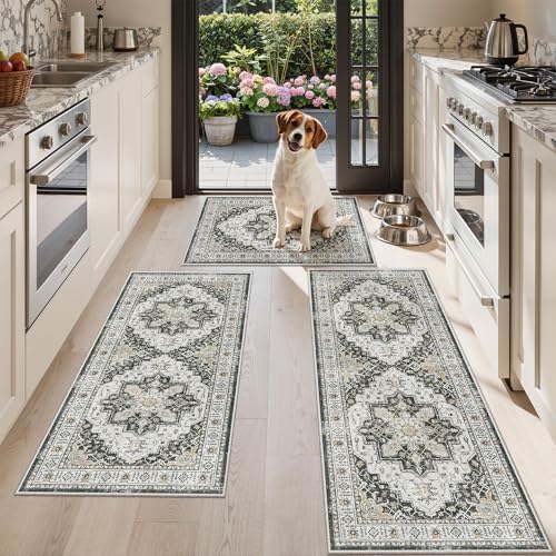 Madane Washable Kitchen Rug Set of 3 Small Area Rugs Non-Slip, Black by Madane