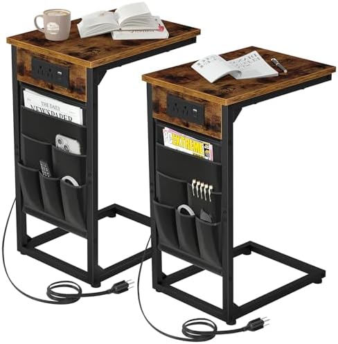 AMHANCIBLE C Shaped End Table with Charging Station, TV Trays, Set of 2 by AMHANCIBLE
