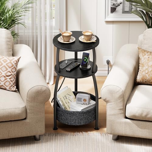 Side Table with Charging Station, Small Round End Table with Basket - Image 4