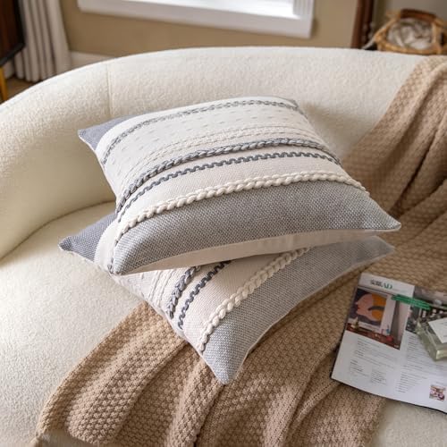 Cethom Boho Throw Pillow Covers 18x18 Inch Set of 2, Grey Textured Decorative Couch Pillow Cases for Farmhouse Home Decor, Accent Cushion Cover for Sofa, Bed, Living Room, Bedroom - Image 3