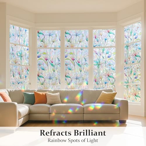 Donox Decorative Window Privacy Film, 3D Floral Stained Glass Window Film Static Cling Rainbow Privacy Sticker for Glass Door Heat Control Anti UV, No Adhesive (Magnolia,17.5 x 157.4 inches) - Image 2