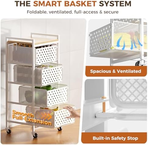 5 Tier Kitchen Storage Cart with Wheels, Utility Fruit Vegetable Storage Rack Stand with Pull-Out Baskets & Wood Top, Metal 4-Drawers Rolling Snack Cart, Kitchen Cart for Potato Onion(White) - Image 4