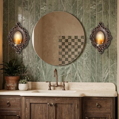 2 Set Vintage Candle Wall Sconce for Home Decor Living Room Bedroom Office Wood Antique Mirrored Victorian Mounted Candlestick Wall Holder Relief Hanging Decor -Brown 11.8in - Image 5