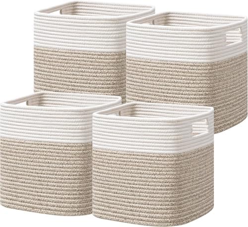 UBBCARE Set of 4 Storage Basket-12 X 12 X 12 in, Cotton Rope Basket for Shelves, Toys, Book, Cube Storage Bins with Handles, Woven Storage Basket for Organizing, White Brown by UBBCARE