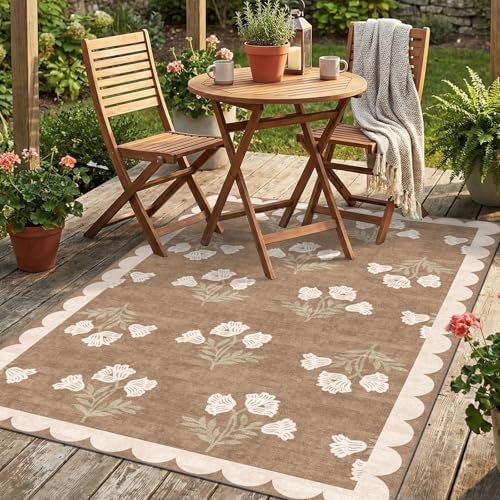 4x6 Covered Outdoor Patio Rug - Washable Front Door Mat Entry Rug Non-Slip Large Doormat Tan Brown Cottage Farmhouse Scalloped Area Rugs for Living Room Entryway Foyer Double Door Porch Decor by Othilic