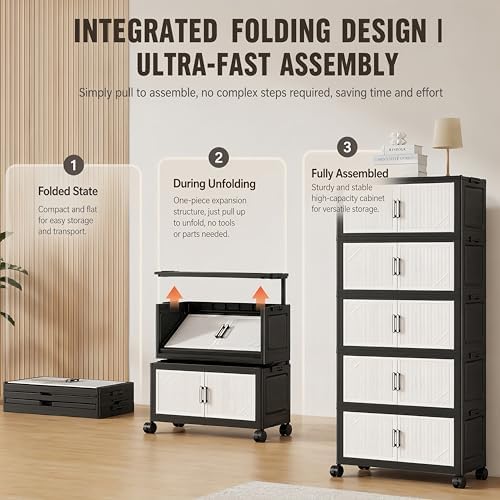3 Tier Foldable Storage Cabinet with Wheels and Magnetic Doors - Image 7