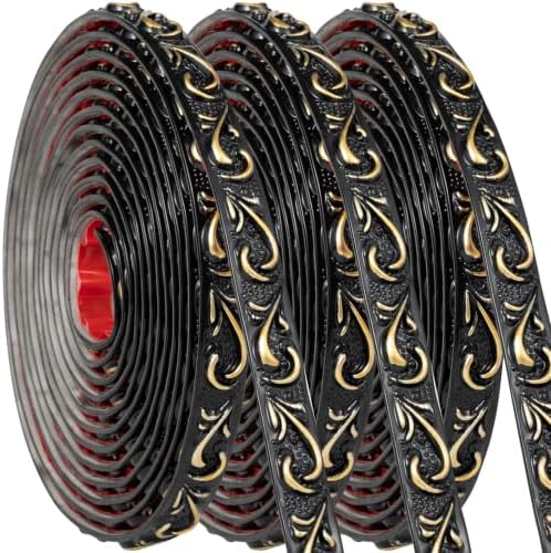 Black Gold Peel and Stick Crown Molding Trim, 0.8" x 49.2 FT Total (3 Pack), Flexible Self-Adhesive Crown Molding with Embossed Floral Design for Multi-Room Wall & Large Decor Projects by TopZenMarketplace