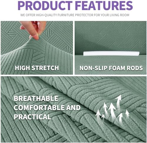 ZNSAYOTX Super Stretch Loveseat Covers (57"-70"), New Striped Love Seat Slipcover, Dogs Pet Friendly Anti-Slip Couch Protector Spandex Durable 2 Seater Fabric Sofa Cover (Pea Green, Loveseat) - Image 3