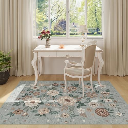DUKINO 3x5 Area Rug, Floral Washable Rug for Bedroom Non Slip, Sage Green - Image 3