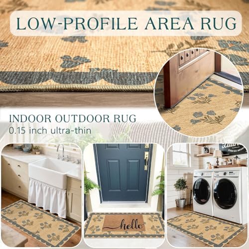 Front Door Mat Indoor Entrance - 2x4.3 Jute-Look Blue Floral Rug - Image 6