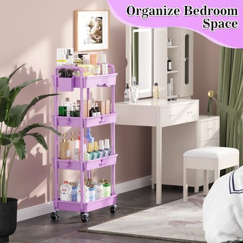 SUNALLY 4 Tier Rolling Cart with Drawer,Craft Storage Cart Organizer,Purple - Image 7
