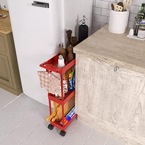 Simple Houseware 3-Tier Slim Rolling Cart w/Handle 5.5" Wx27.5 H, Red - Image 4