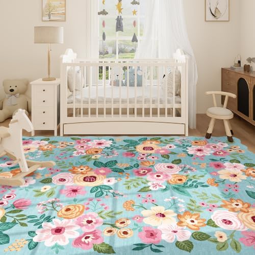 DUKINO 8x10 Area Rug for Living Room, Floral Washable Rug Non Slip, Teal - Image 5