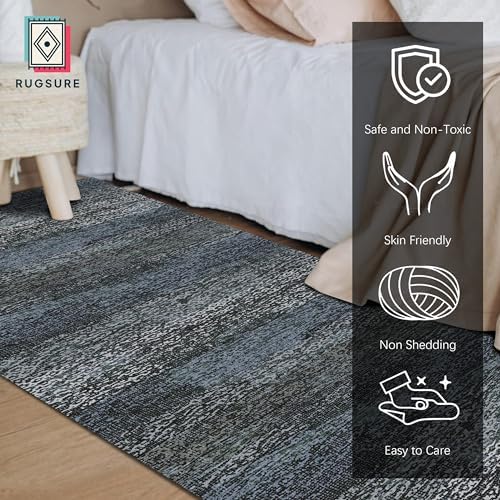 RUGSURE Washable Area Rug - 1/6 Thick - Stain & Water Resistant Non-Slip - Resistant Rug for Living Room, Bedroom, Nursery, Pet & Child Friendly, Vintage Charm Area Rugs (Darkgrey+Bule, 2'6'' x 8') - Image 2
