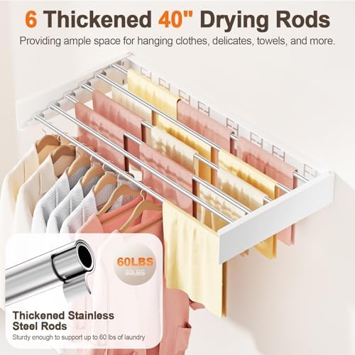 Wall Mounted Clothes Drying Rack Folding Indoor, Foldable Laundry Drying Rack Collapsible,Invisible, Space Saving, Retractable Towel Drying Rack, with Wall Template(6 Drying Rods, White 40") - Image 5