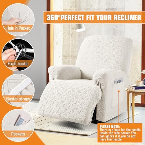 VANSOFY Oversized Recliner Chair Cover, 4-Pieces Stretch Recliner Covers for Recliner Chair Soft Reclining Chair Slipcover Jacquard Pattern Furniture Protector for Dogs Cats(Off White) - Image 5