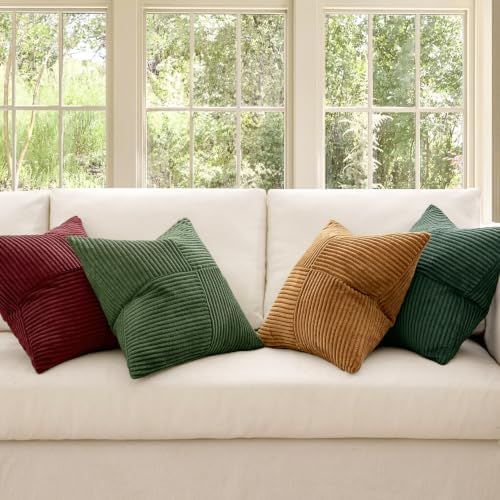 MIULEE Boho Christmas Green Decorative Throw Pillow Covers 20x20 Set of 4 Farmhouse Cushion Covers Color-Clash Corduroy Pillow Cases Modern Soft Corduroy Patchwork Home Decor for Couch Sofa Bedroom - Image 2
