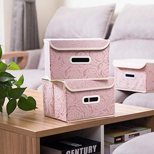 PRANDOM Foldable Storage Boxes with Lids [5-Pack] Fabric Decorative Storage Bins Cubes Organizer Containers Baskets with Cover Handles Divider for Bedroom Closet Living Room Pink 9.8x7.9x6.7 Inch - Image 2