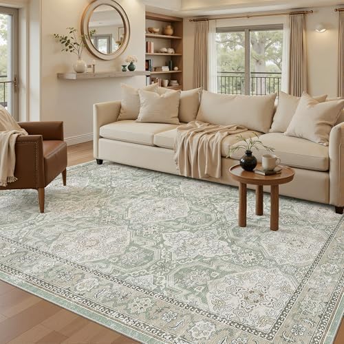 Soalmost 5x7 Area Rug Low Pile Washable Trendy Faded Style Rug, Green/Brown - Image 2