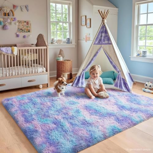 Ophanie Rainbow Purple Rug for Bedroom Girls,Unicorn Colorful Mermaid Fluffy Soft Cute Fuzzy Area Rugs,Shag Plush Shaggy 4x6 Furry Carpet for Kids Baby Teen Dorm Decor with Over 99 pcs Pile fibers - Image 5
