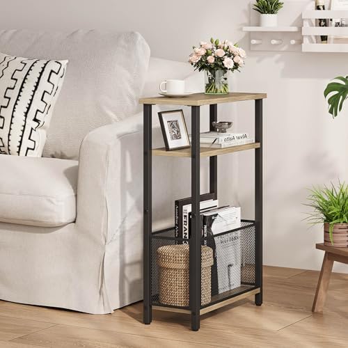MMEOLUOOK Narrow Side Table with Storage Basket Skinny End Tables for Smalls Spaces 3 Tier Sofa Table Small Nightstand Slim Bedside Table for Living Room Bedroom Greige MLBZ22GR - Image 2