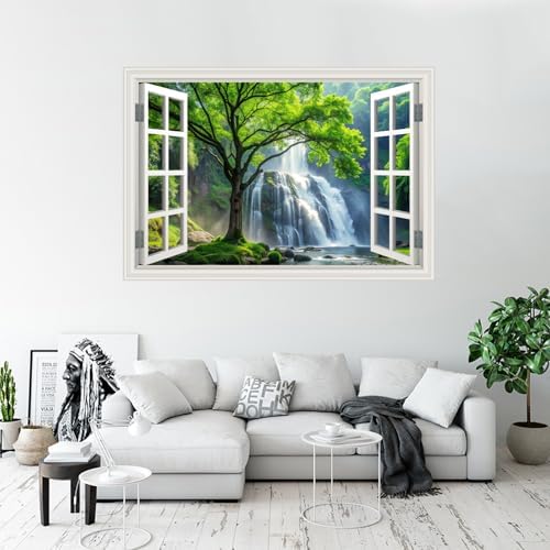 Fake Window Wall Decal- Rainforest Waterfall Tree Open Wall Art Sticker | Faux Window Forest Natural Landscape Mural｜ Stick and Peel Wall Decals｜for Room Bedroom Office Decor｜48"x32",Set of 2 Sheets - Image 4