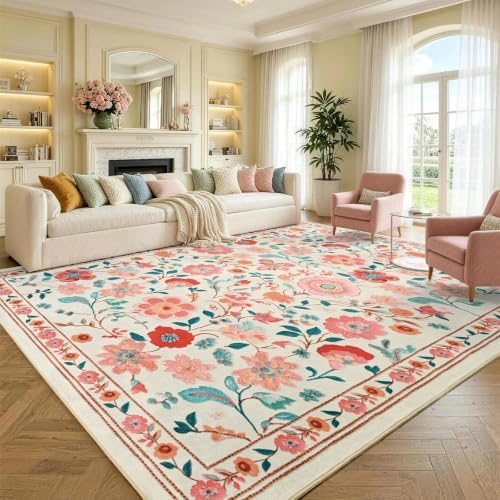 9x12 Ft Washable Area Rug for Living Room Beige Vintage Floral Carpet - Image 2