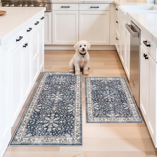 Kitchen Mats Set of 2 Washable Non-Slip – Soft Low Pile Boho Decorative Runner Rugs for Kitchen Floor, Sink & Stove, Kitchen Decor (Blue, 2x3+2x4) by BYYVOORugsforYourHome