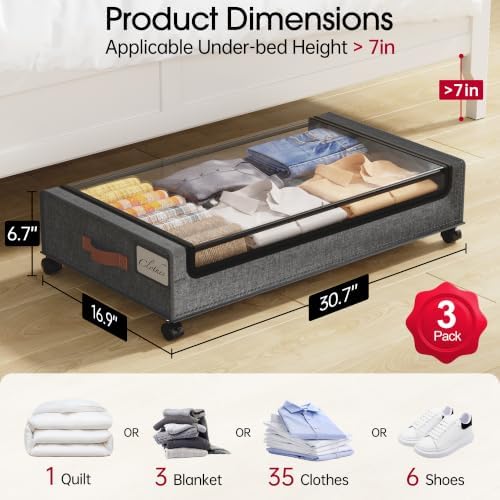 Yecaye 3 Pack Under Bed Storage with Wheels, Under Bed Storage Containers, Underbed Shoe Storage Organizer, Rolling Under Bed Metal Drawers for Clothes, Blankets(30.7 x 16.9 x 6.7 in) - Image 2