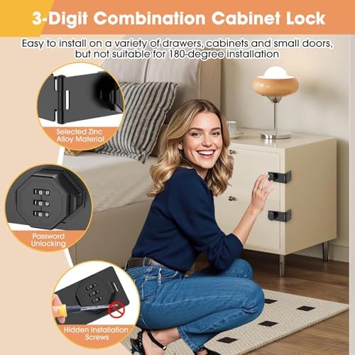90 Degree Cabinet Locks with Combination, Mechanical Folding Door Latch, Keyless Password Rotary Hasp Latch Lock for Office File Cabinet, Drawers, Locker, Small Door, Cupboard (1, Black) - Image 2