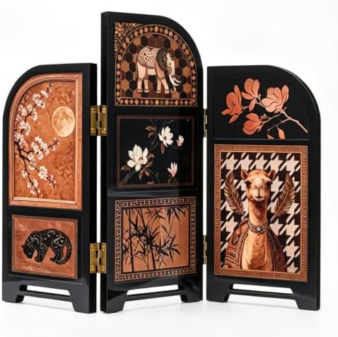 3-Panel Arched Tabletop Folding Screen, Vintage Eclectic Animal by YOOSART