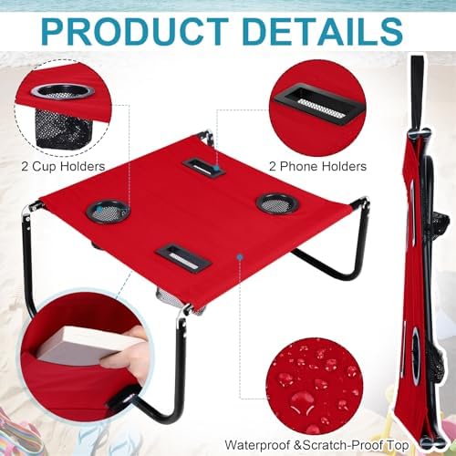 Portable Beach Table Foldable Pockets, Red, Solid Pattern - Image 4