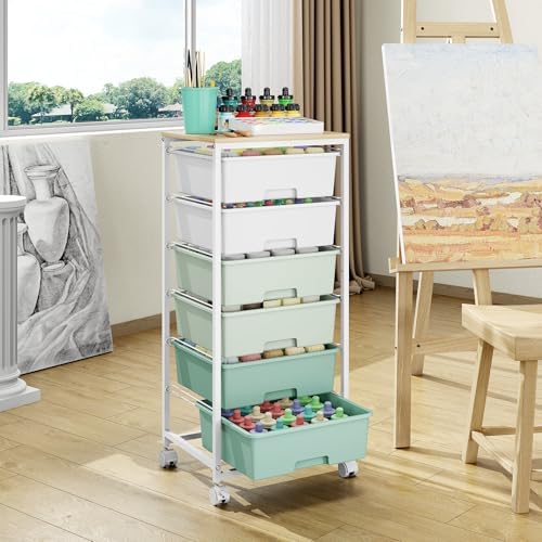 6 Drawer Rolling Storage Cart with Wooden Top and Wheels for Crafts,Green - Image 2