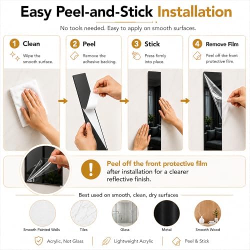 Acrylic Mirror Wall Stickers, Peel and Stick Mirror Strips for Wall Decor, Shatterproof Decorative Mirror Tiles for Entryway, Bedroom, Hallway & Small Space Decor (20, Black) - Image 3