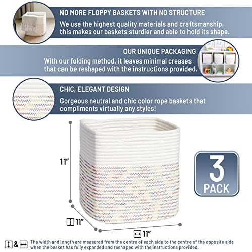 NaturalCozy Storage Cubes 11 Inch Cotton Rope Woven Baskets for Organizing, 3-Pack | Cube Storage Bin | Square Storage Baskets for Shelves Organizer, Classroom, Kids Toy Bins, Closet, Baby Nursery - Image 2