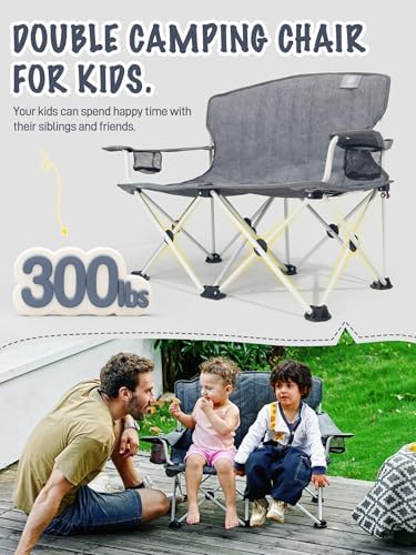 EVER ADVANCED Kids Double Camping Chair with Cupholders Safety Lock, Padded Kids Folding Chair Outdoor with Mesh Pocket, Lightweight Portable Two Person Loveseat for Beach, Supports 300lbs, Grey - Image 5