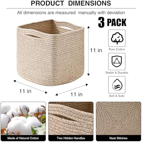 11 Inch Cube Storage Bins, Organizing Bins for Cube Organizer, Storage Baskets for Organizing, Woven Storage Basket for Shelves, Cotton Rope Toy Baskets Storage Kids, Brown (Pack of 3) - Image 2