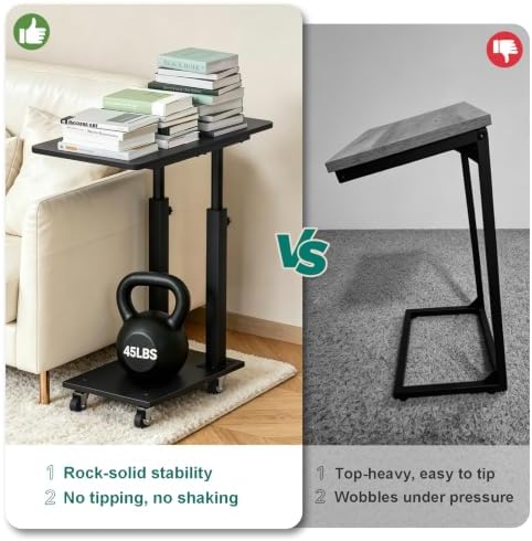 AOODA 22''W TV Tray Table with Wheels Adjustable Height, C Shaped End Tables Living Room, Rolling Couch Side Table with Storage for Sofa, Bed, Recliner (Pure Black) - Image 4