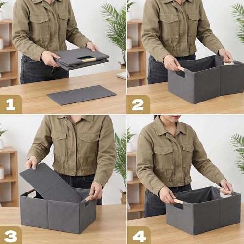 Foldable Fabric Storage Cubes, Cloth Storage Baskets with Wooden Handles, Shelf Closet Organizer Bins, Rectangular Linen Storage Boxes for Decor, 16.5 x 12.2 x 6.7 Inches - Image 5