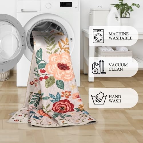 DUKINO 4x5 Area Rug for Entryway, Soft Floral Washable Rug Non Slip, Beige - Image 6