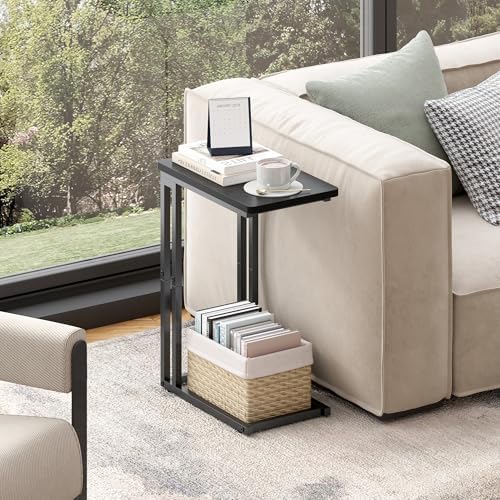 Yusong C Shaped End Table - Slide Under Sofa Couch Bed, Small Table for Small Spaces, Skinny Overbed, Coffee Drink Snack Table for Living Room, Black Oak - Image 4
