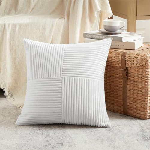 Fancy Homi 2 Packs White Euro Decorative Throw Pillow Covers 26x26 Inch for Living Room Couch Bed, Rustic Farmhouse Boho Home Decor, Soft Corss Corduroy Patchwork Textured Square Cushion Case 66x66 cm - Image 2